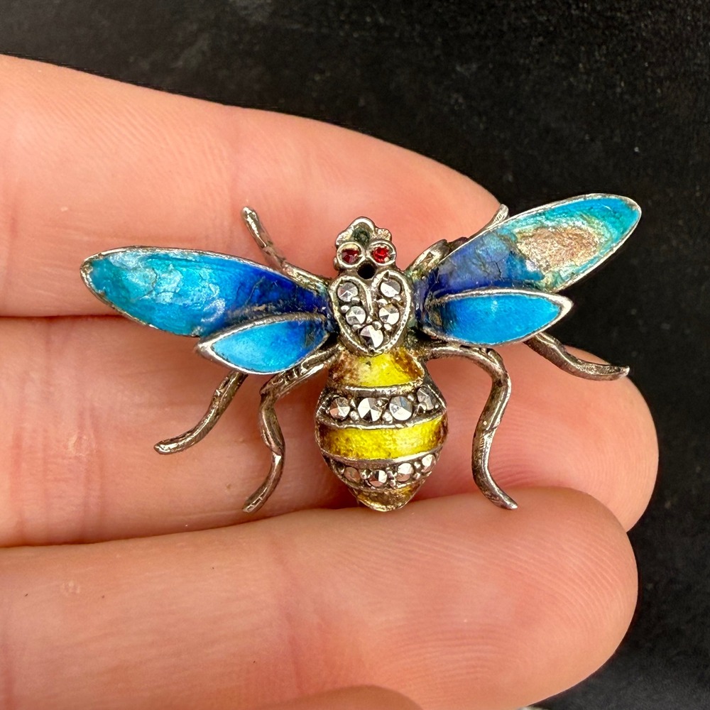 Vintage Sterling‎ Silver Germany Bee Brooch Blue  Enamel Marcasite Insect Pin